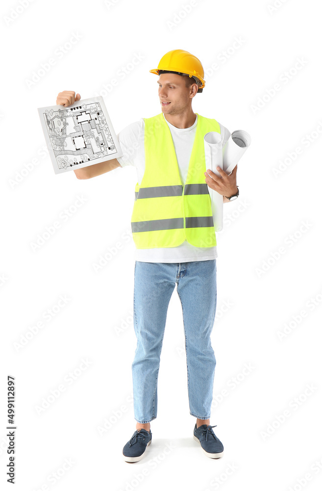 Young male landscape designer with new project and drawings on white background Young male landscape designer with new project and drawings on white background