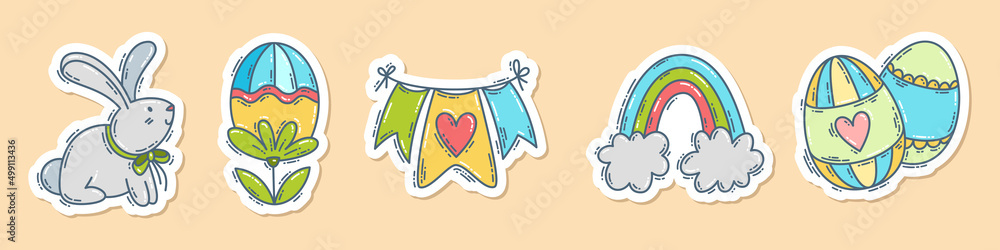Easter hand-drawn doodle sticker set. Cute colorful symbols and elements collection. Easter hand-drawn doodle sticker set. Cute colorful symbols and elements collection.