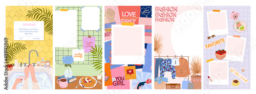 Template for social media. Vertical background. Girl power, inspiration and motivatiom quotes, colorful design. Scandinavian hygge style Interior. Editable Vector Illustration