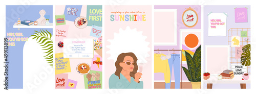 Template for social media. Vertical background. Girl power, inspiration and motivatiom quotes, colorful design. Scandinavian hygge style Interior. Editable Vector Illustration