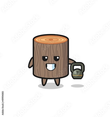 tree stump mascot lifting kettlebell in the gym