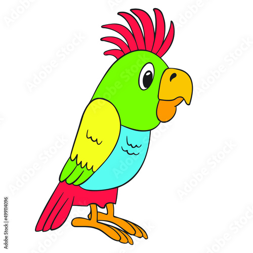 colorful funny parrot side view, cartoon, on a white background