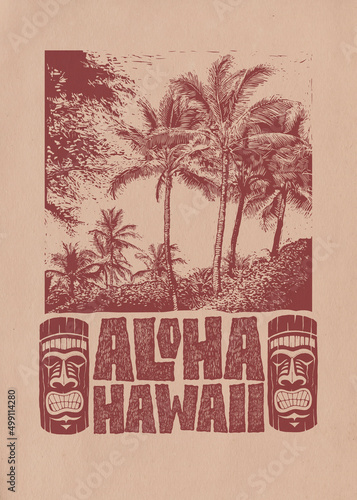 Aloha Hawaii. Background with hand lettering with tiki mask and tropical landscape with palms trees. Raster Version Illustration.