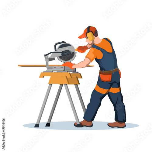 Carpenter at sawmill. Joiner working with circular saw. Construction worker uses woodworking machine. Isolated industrial scene. Building ocupation