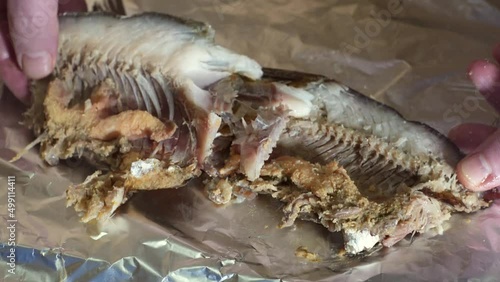 Smoked Bream body splitted and showing guts