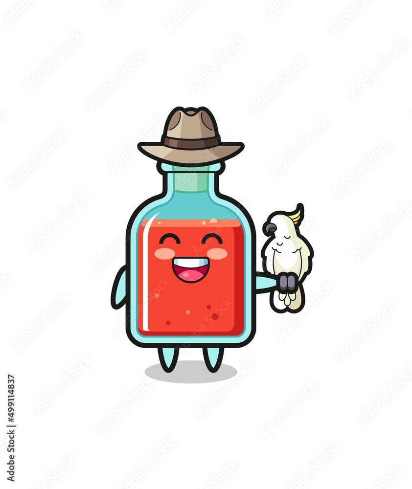 square poison bottle zookeeper mascot with a parrot square poison bottle zookeeper mascot with a parrot