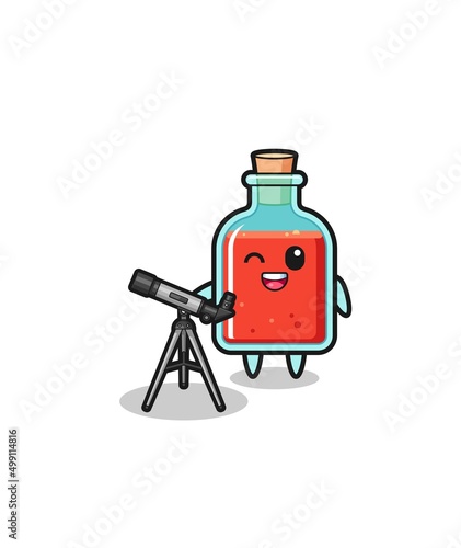 square poison bottle astronomer mascot with a modern telescope