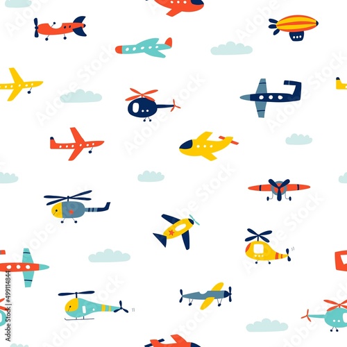 Seamless pattern with airplane and helicopter. Air transport. Kids print. Vector illustrations