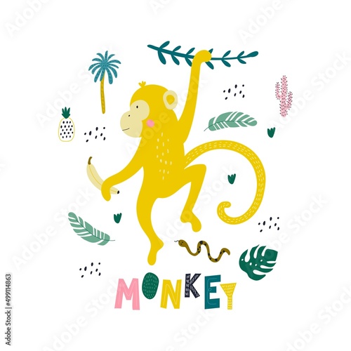 Poster with monkey. Kids print. Vector illustration.