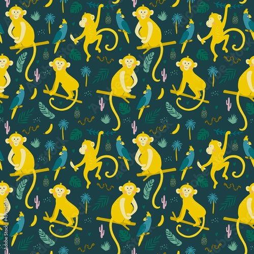 Seamless pattern with monkey. Fabric print. Vector illustration.
