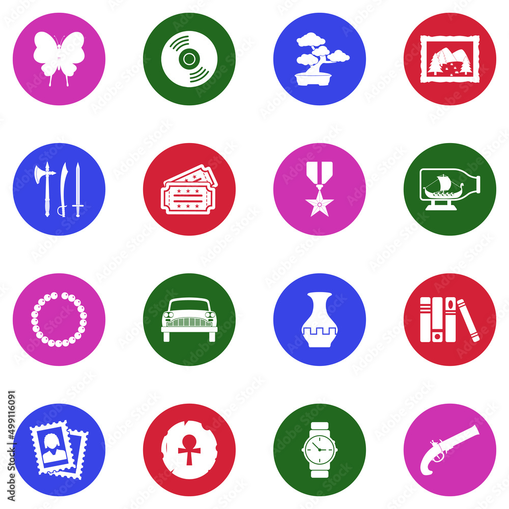 Collecting And Hobby Icons. White Flat Design In Circle. Vector Illustration. Collecting And Hobby Icons. White Flat Design In Circle. Vector Illustration.