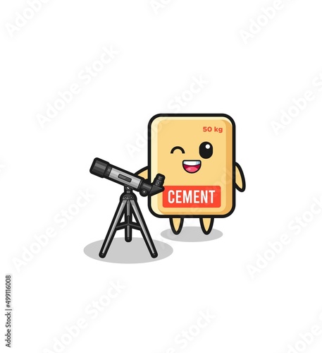 cement sack astronomer mascot with a modern telescope