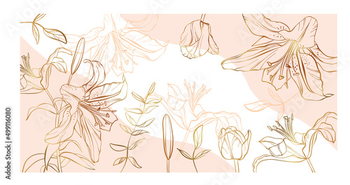 Banner with golden flowers lilies hand-drawn floral background colorful