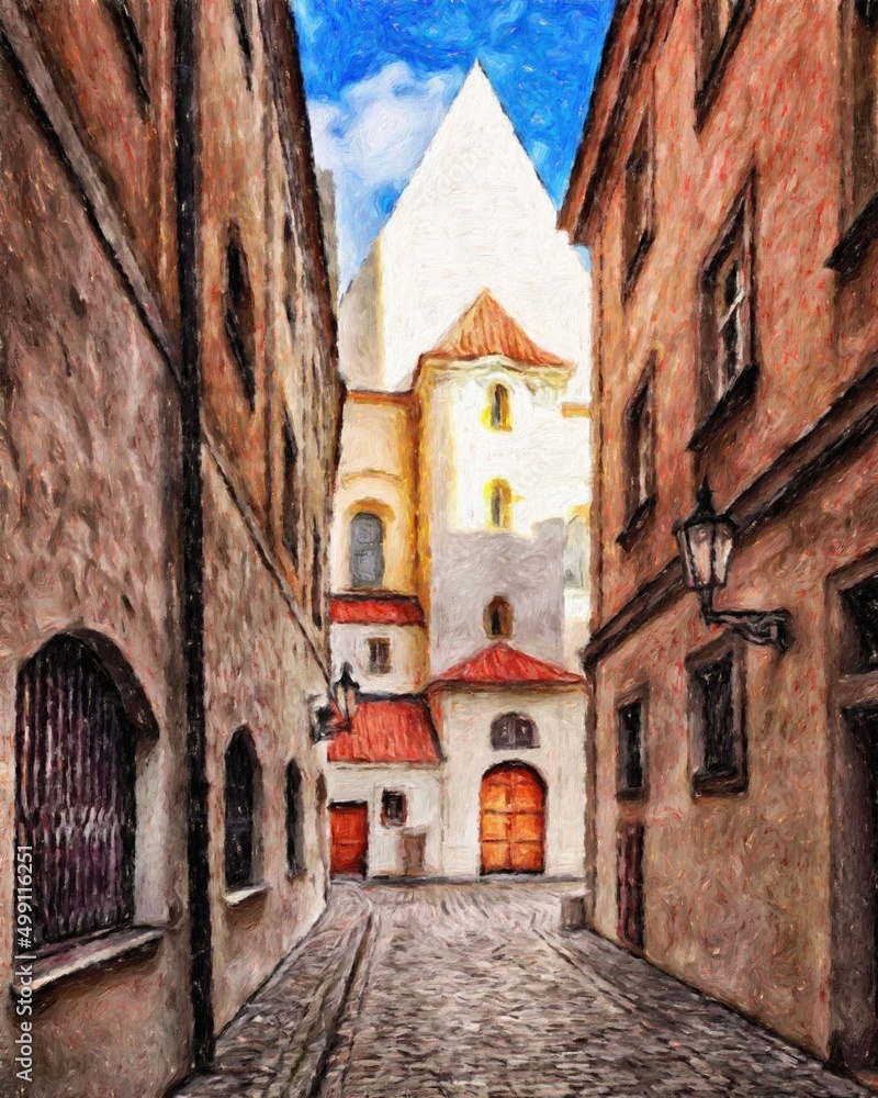 Real painting modern artistic artwork Prague Czechia drawing in oil city center vintage houses and architecture, Europe travel, wall art print for canvas or paper poster, tourism production design