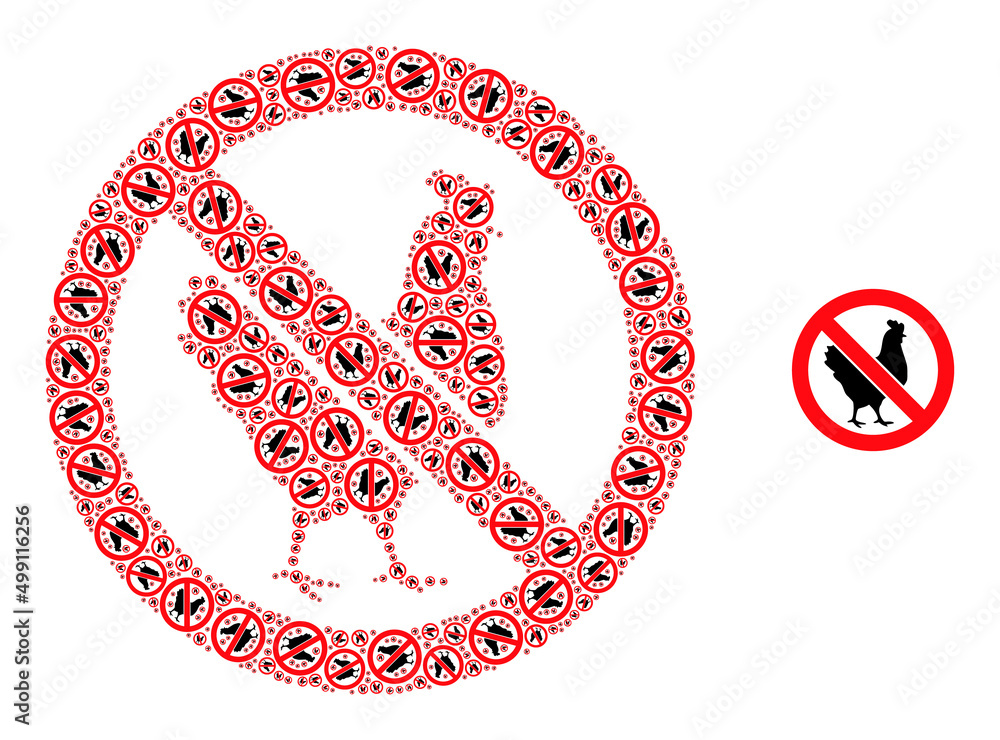Fototapeta premium Recursive mosaic no chicken icon. Vector mosaic is made of randomized rotated no chicken icons. Recursion composition for no chicken icons.