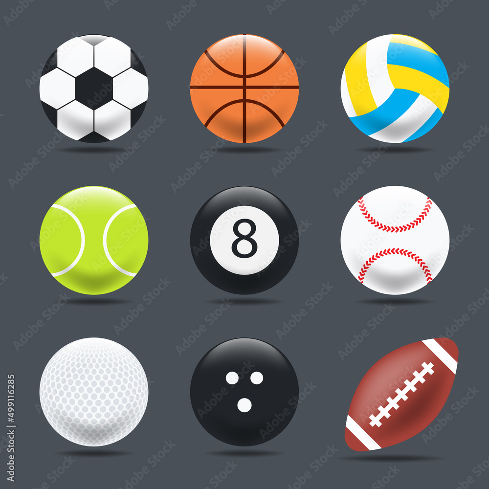 Set of Sports balls on a Black background, Vector, Realistic style.