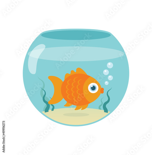 Goldfish swimming in a transparent round glass fishbowl. Fish glass round aquarium on white background. Vector illustration.