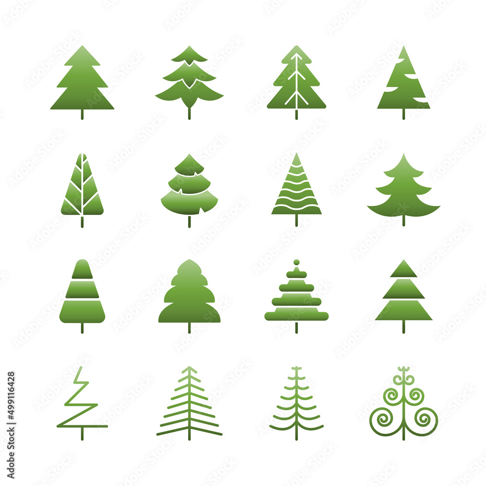 Obraz premium Set of Pine tree flat icon with Green gradient colour, Vector.