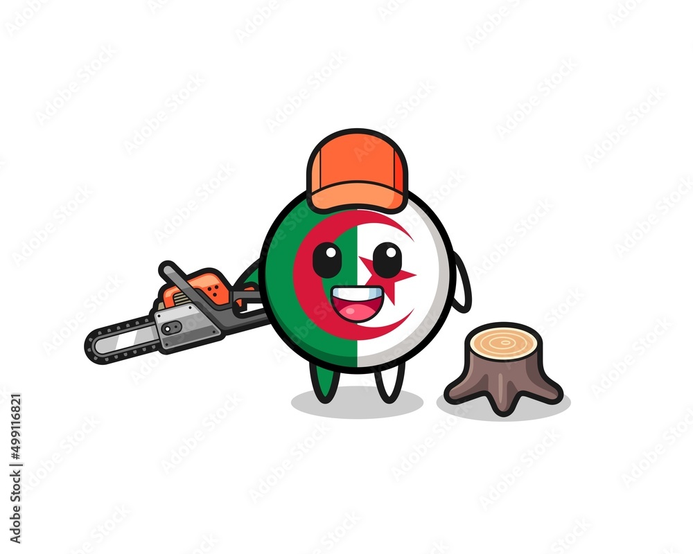 algeria flag lumberjack character holding a chainsaw