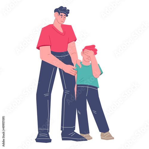Father supporting and comforting teen child, flat vector illustration isolated.
