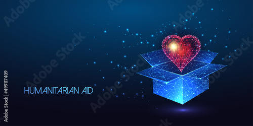 Futuristic humanitarian aid concept banner with glowing low polygonal open box and red heart shape