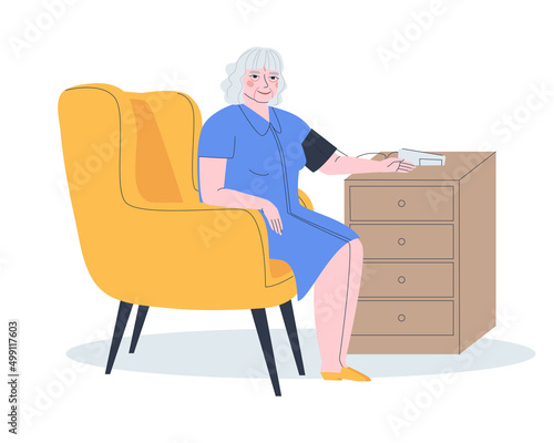 Grandmother measures blood pressure. An elderly woman is sitting in a chair. Measure blood pressure with a special parting. Flat vector illustration. Eps10