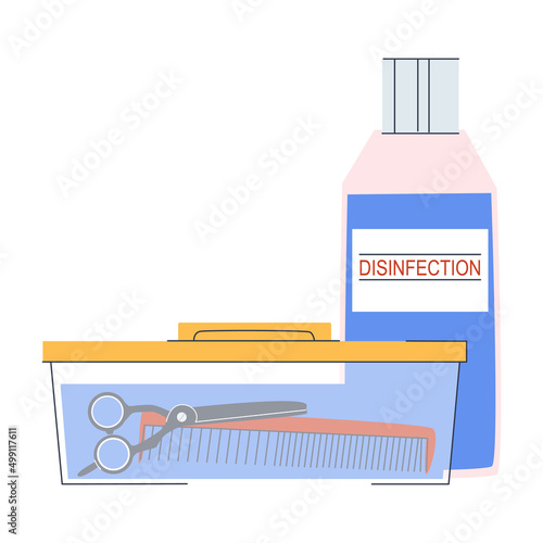Bank with liquid for instrument sterilization. Container with disinfectant solution for tools. Scissors and a comb are in the sterilizer. Flat vector illustration. Eps10