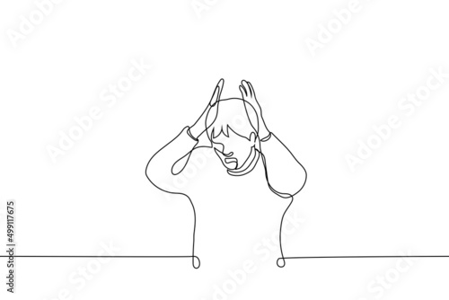 man clutching his head and screaming - one line drawing vector. concept of despair, panic, hysteria