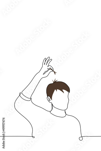 man holding a tuft of his hair above his head - one line drawing vector. concept of hair dna test, hair loss problem, hair pulling selfharm