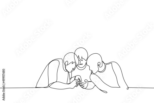 company of three men bent over the phone -one line drawing vector. concept of teenagers watching the passage of the game, video or clip, reading breaking news