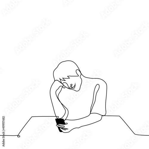 man smiling looking into the phone - one line drawing vector. concept of man is texting with his lover, man is watching cute and touching positive videos