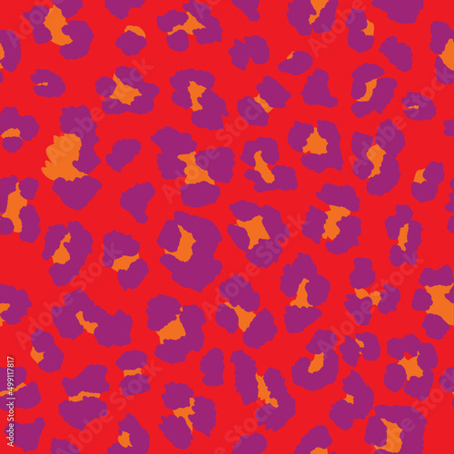 Orange, red, and purple leopard spots in seamless, repeating pattern.
