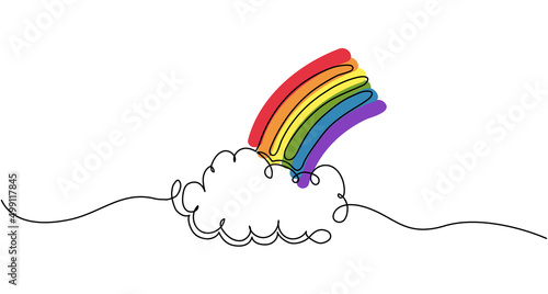 Continuous one line drawing of cloud and rainbow. Vector illustration