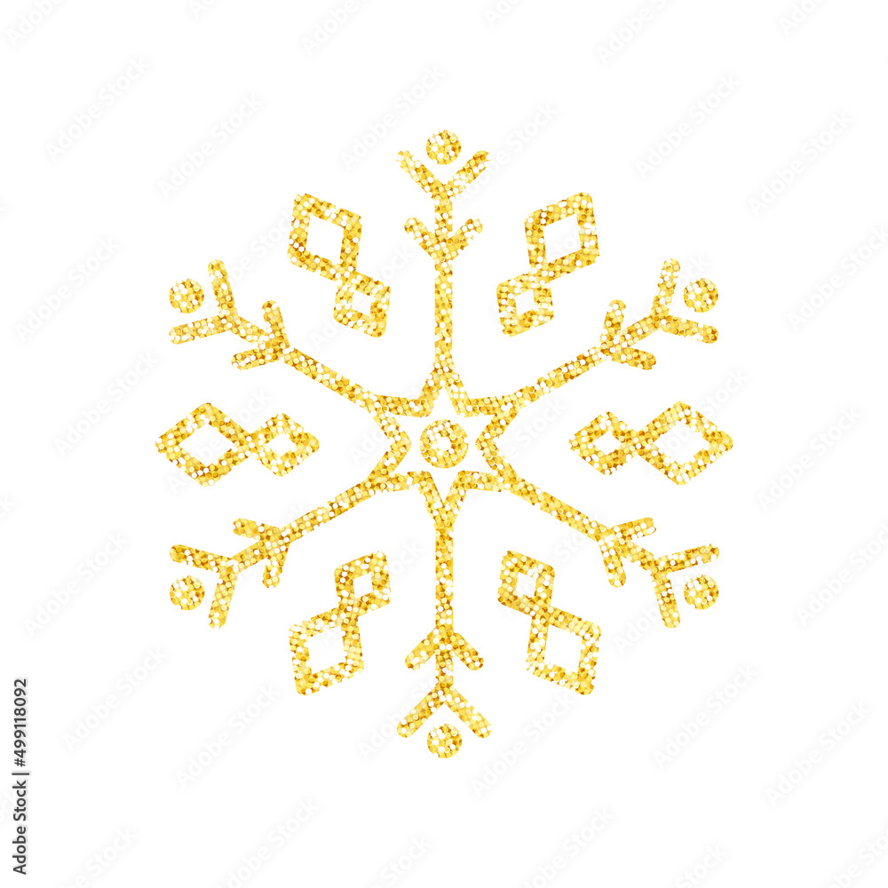 Gold glitter texture snowflake on white background for Christmas tree decoration, Vector, Illustration.