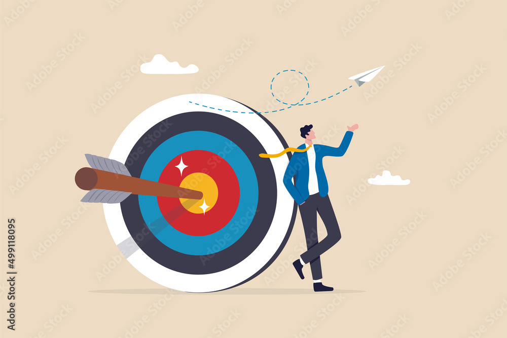 Business objective, purpose or target, goal and resolution to aim for  success, aspiration and motivation to achieve goal concept, confident  businessman stand with arrow hit bullseye on archery target.  Stock-Vektorgrafik | Adobe