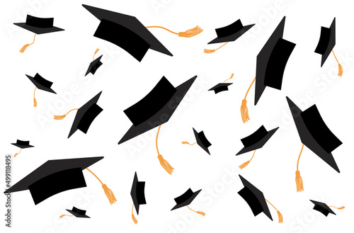 Throwing graduation caps with tossels. Vector illustration