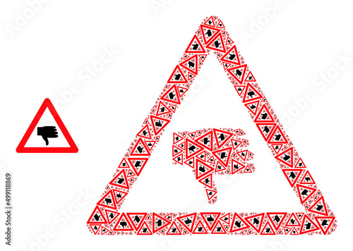 Recursive collage thumb down warning icon. Vector mosaic is made from randomized rotated thumb down warning icons. Fractal collage from thumb down warning icons.