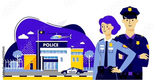 Couple of policemen and police station building on modern background in trendy flat style.