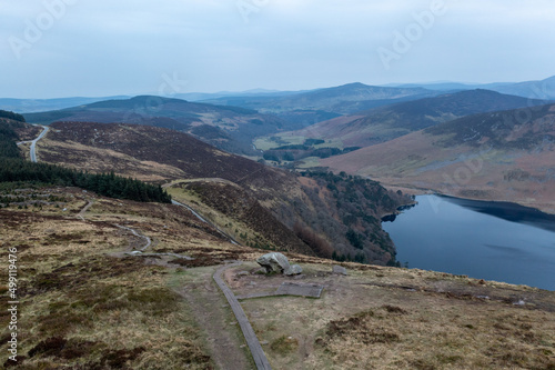 View from the mountain at J.B. Malone memorial. Taken before sunset, cloudy evening, aerial photo, near Lough Tay