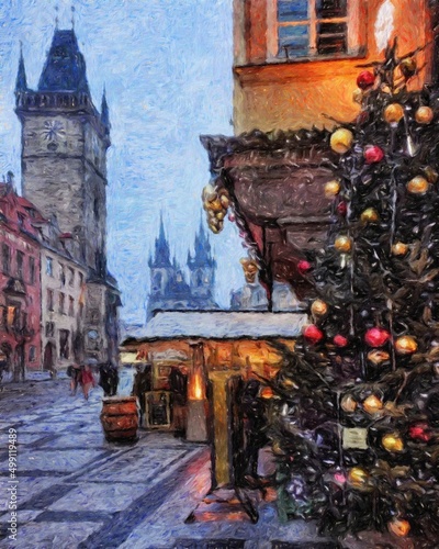 Real painting modern artistic artwork Prague Czechia drawing in oil city center vintage houses and architecture  Europe travel  wall art print for canvas or paper poster  tourism production design