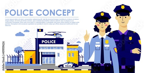 Couple of policemen and police station building on modern background in trendy flat style.