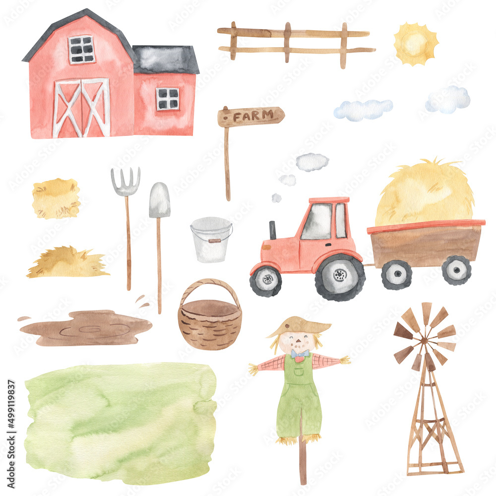 Farm outdoor, tractor, building, scarecrow, shovel, pitchfork, haystack