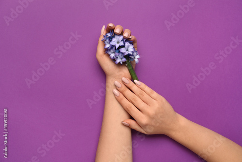 Female hands with beautiful manicure and hyacinth flower on purple background