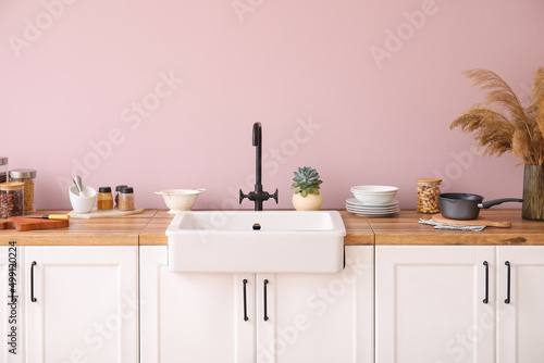 Counters with sink, kitchen utensils and pampas grass in vase near pink wall
