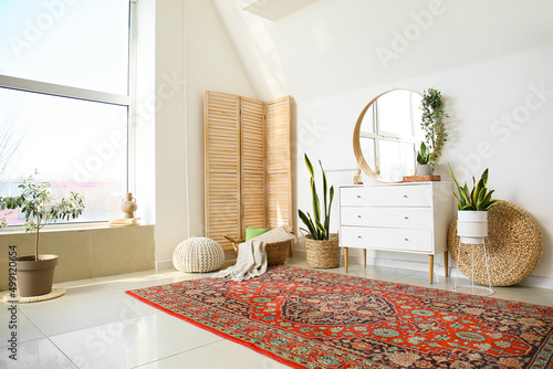 Interior of cozy living room with mirror, chest of drawers and vintage carpet