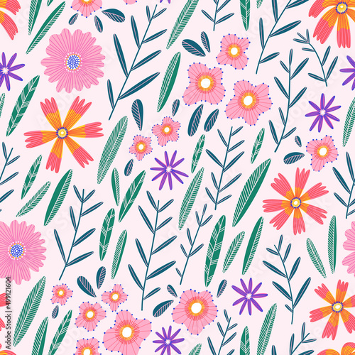 Summer flower field with pink florals  vector pattern