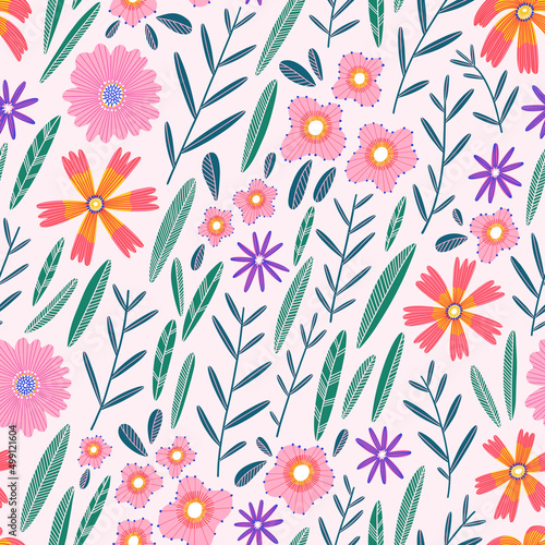 Summer flower field with pink florals, vector pattern