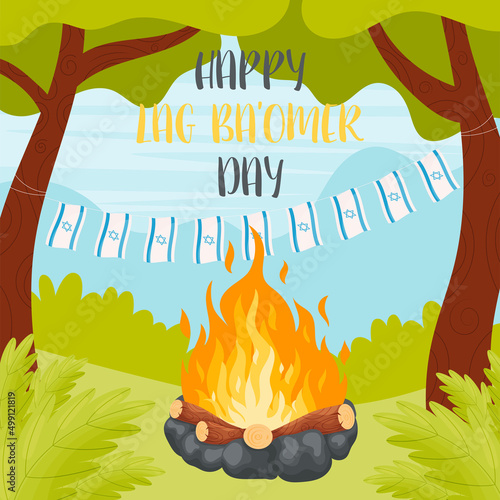 Happy Lag Ba Omer day greeting card concept. Translation for Hebrew text - Happy Lag Ba Omer day. photo