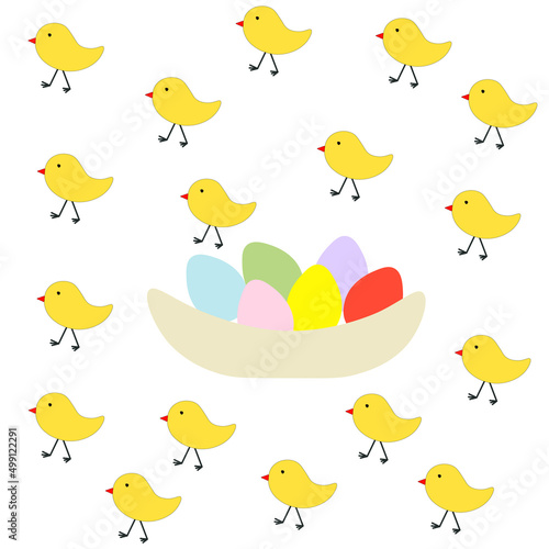 Abstract yellow chicks, easter eggs in plate. Festive funny hand drawn illustration in pastel colors, vector eps 10