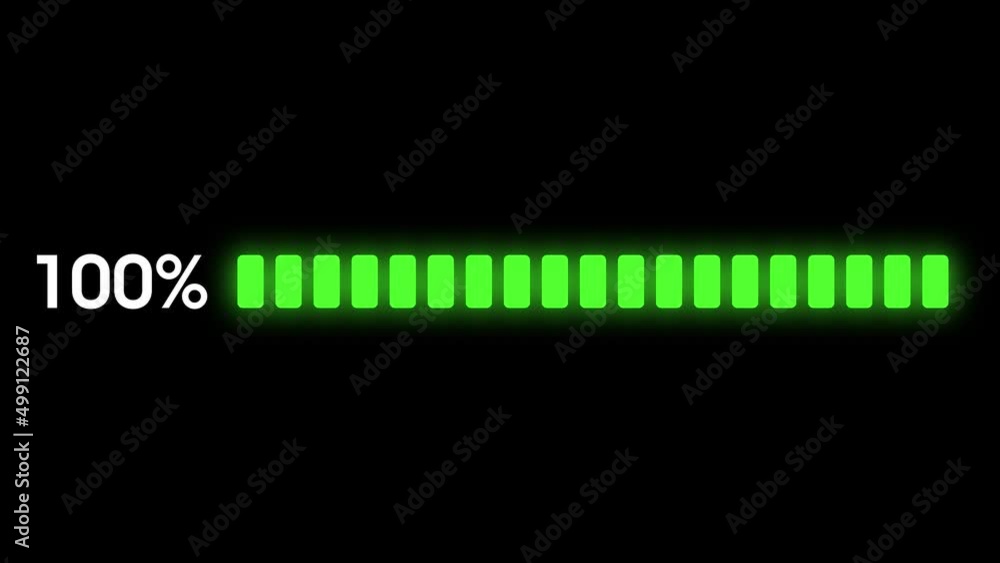 Digital Scale is Filled to 100 Percent. Loading Scale. Glowing Percentage Green Bars Animation Digital Scale is Filled to 100 Percent. Loading Scale. Glowing Percentage Green Bars Animation